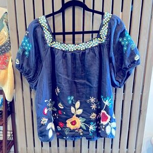 Jonny was navy blue Linen embroidered blouse